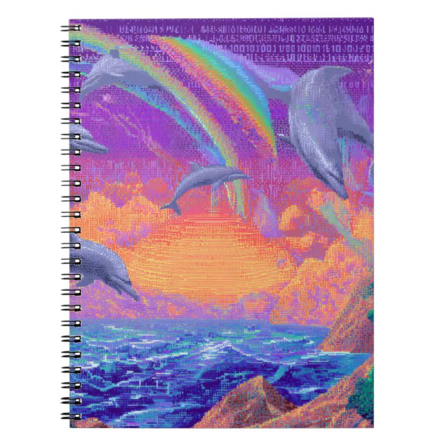 Retro Vaporwave Sunset Dolphins Notebook (Front)