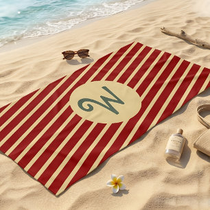 Retro Varsity Crimson Red & Cream Stripes Monogram Beach Towel