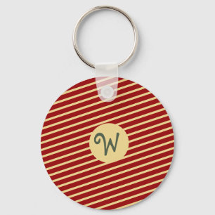 Retro Varsity Crimson Red & Cream Stripes Monogram Keychain