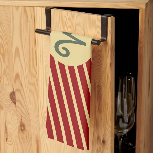 Retro Varsity Crimson Red & Cream Stripes Monogram Kitchen Towel (Thirds Fold)