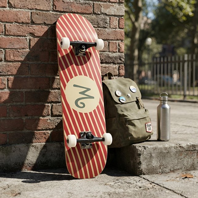 Retro Varsity Crimson Red & Cream Stripes Monogram Skateboard (Creator Uploaded)