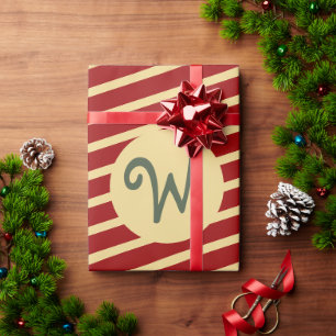 Retro Varsity Crimson Red & Cream Stripes Monogram Wrapping Paper