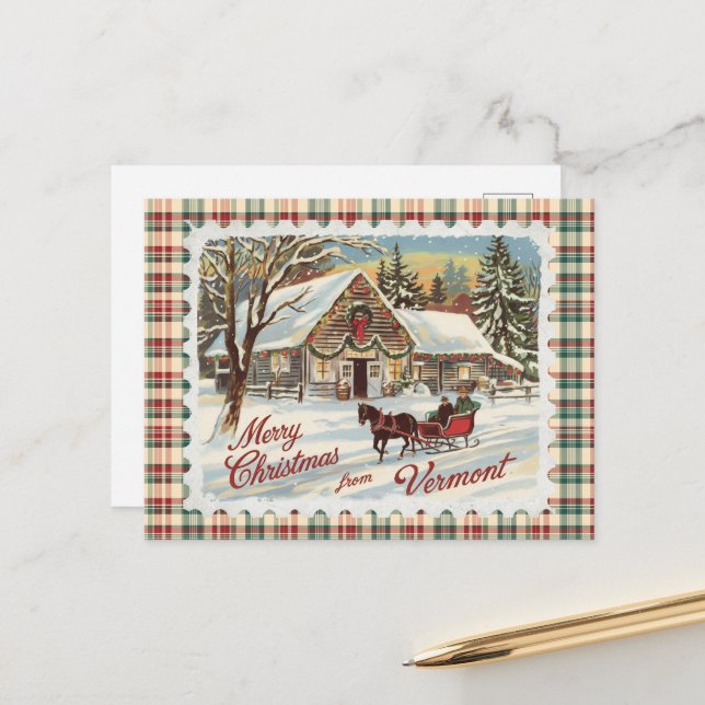 Retro Vermont Christmas Postcard (Front/Back In Situ)