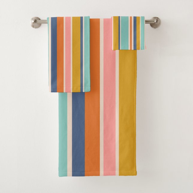 Retro vertical orange blue and yellow pink stripes bath towel set (Insitu)