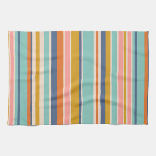 Retro vertical orange blue and yellow pink stripes kitchen towel