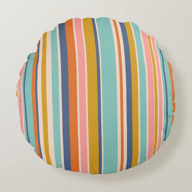 Retro vertical orange blue and yellow pink stripes round pillow (Front)