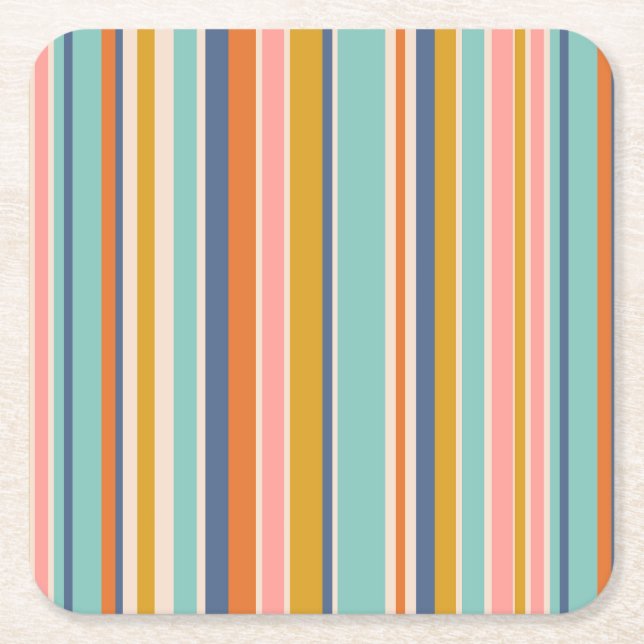 Retro vertical orange blue and yellow pink stripes square paper coaster (Front)