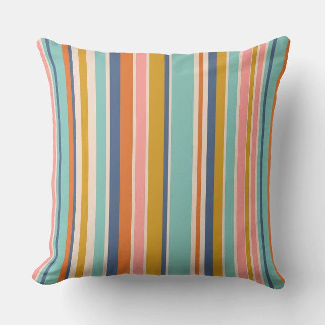 Retro vertical orange blue and yellow pink stripes throw pillow (Front)