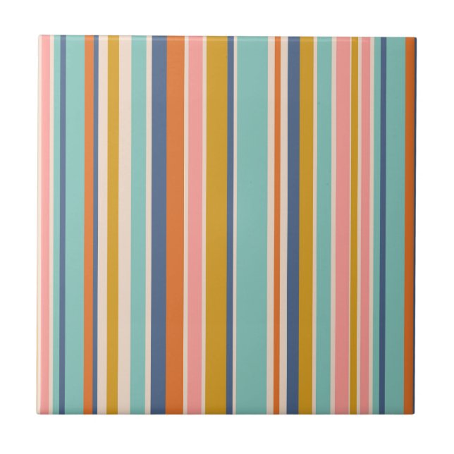 Retro vertical orange blue and yellow pink stripes tile (Front)