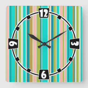 Retro vertical pink turquoise and peach stripes square wall clock