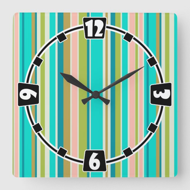 Retro vertical pink turquoise and peach stripes square wall clock (Front)