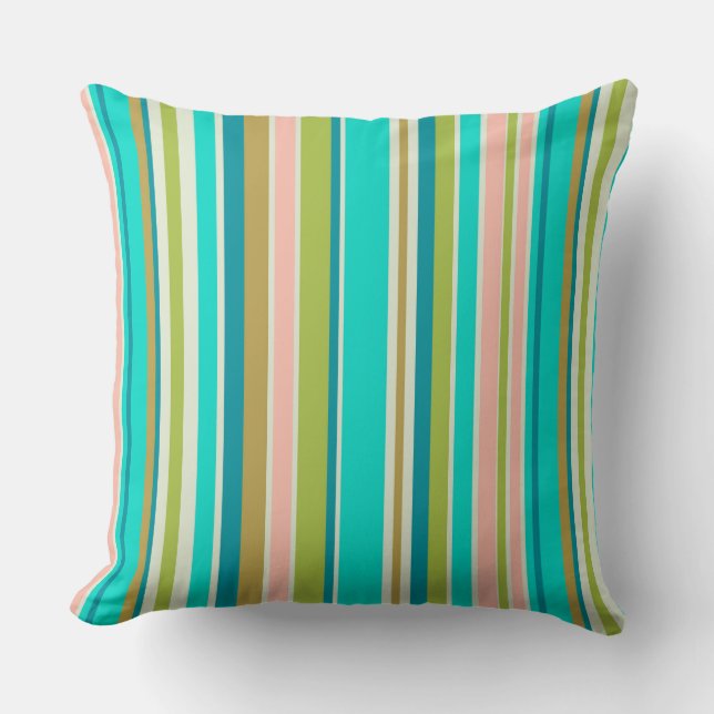 Retro vertical pink turquoise and peach stripes throw pillow (Front)