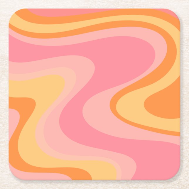 Retro Vibe Abstract Swirl 60s 70s Pink and Orange Square Paper Coaster (Front)