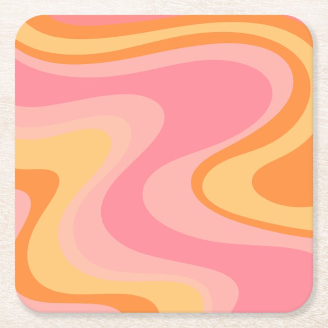 Retro Vibe Abstract Swirl 60s 70s Pink and Orange Square Paper Coaster (Front)