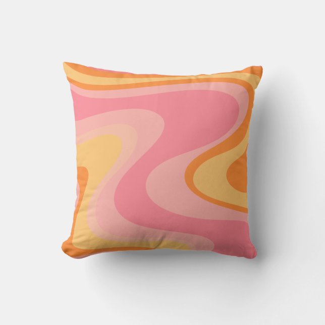 Retro Vibe Abstract Swirl 60s 70s Pink and Orange Throw Pillow (Front)