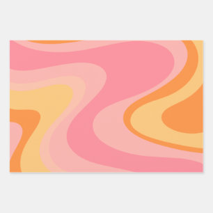 Retro Vibe Abstract Swirl 60s 70s Pink and Orange Wrapping Paper Sheet