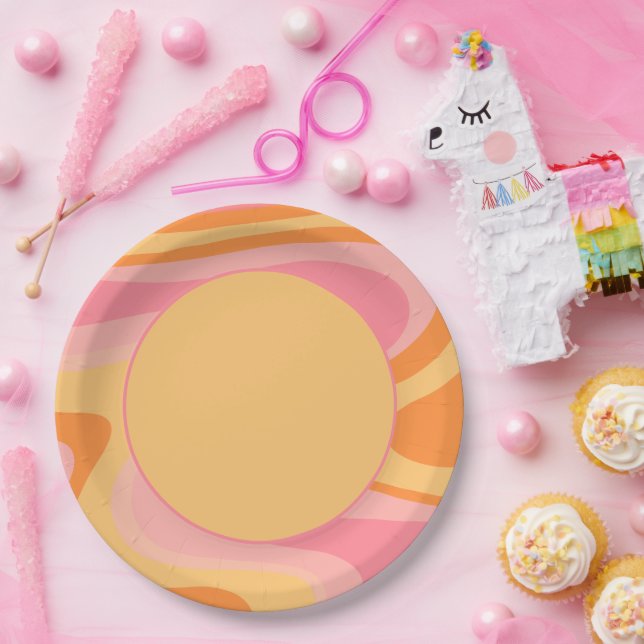 Retro Vibe Abstract Swirl 60s 70s Pink and Yellow Paper Plate (Party)