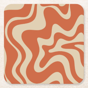 Retro Vibe Liquid Swirl Abstract Pattern Orange Square Paper Coaster