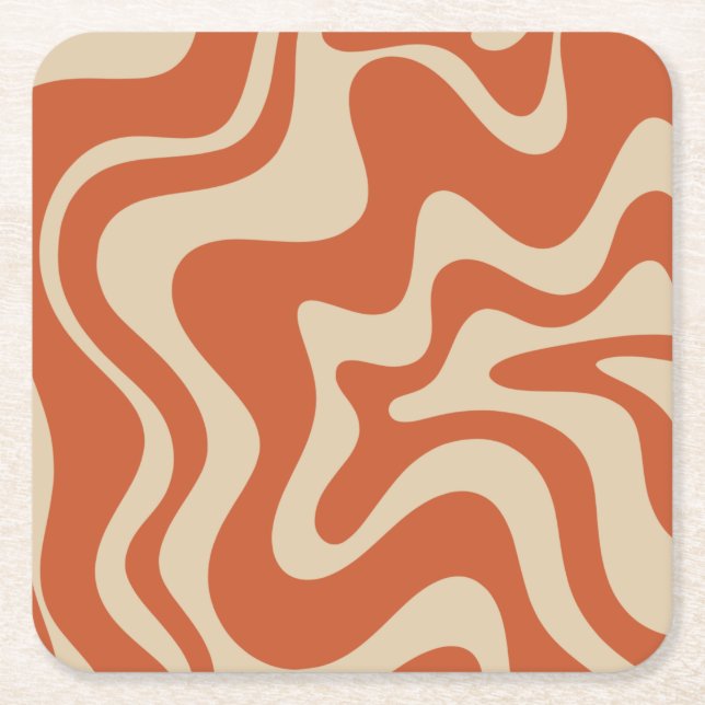 Retro Vibe Liquid Swirl Abstract Pattern Orange Square Paper Coaster (Front)