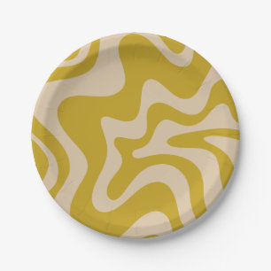 Retro Vibe Liquid Swirl Pattern in Mustard Yellow Paper Plate