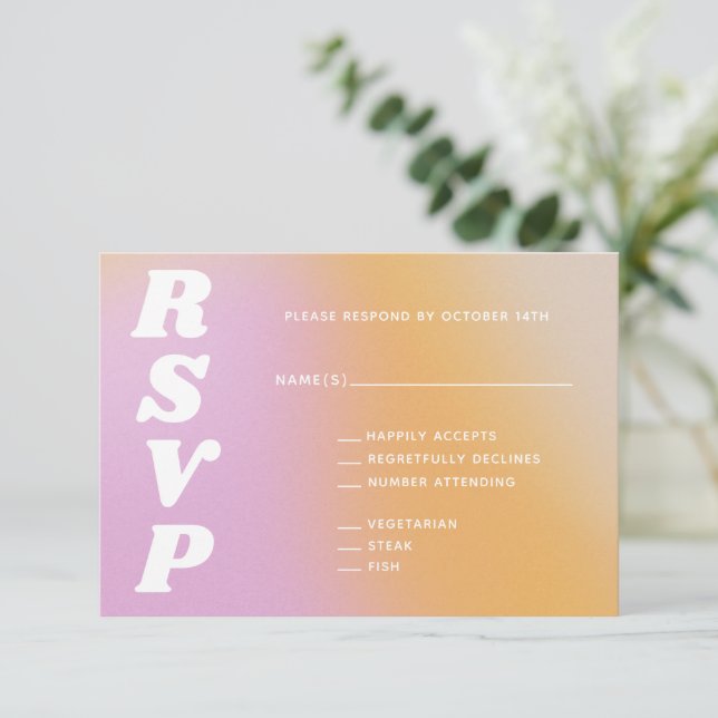 Retro Vibes Abstract Pink Orange Gradient Wedding RSVP Card (Standing Front)