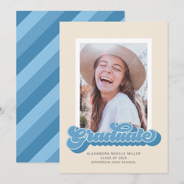 Retro Vibes (Blue) Photo Graduation Announcement (Front/Back)