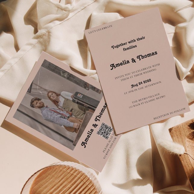 Retro Vibes Boho Beige Photo QR Code Wedding Invitation (Creator Uploaded)