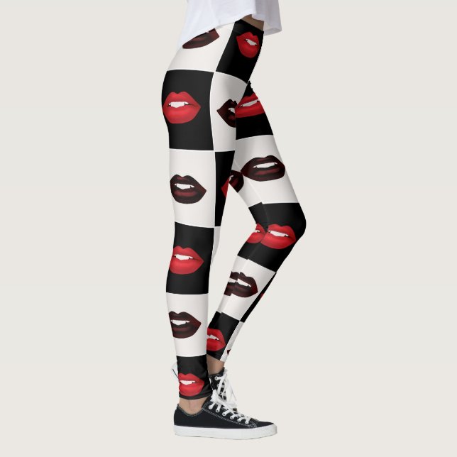 Retro Vibes Chequerboard Hot Red Lips Pattern Leggings (Right)
