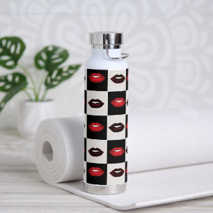 Retro Vibes Chequerboard Red Lips Water Bottle
