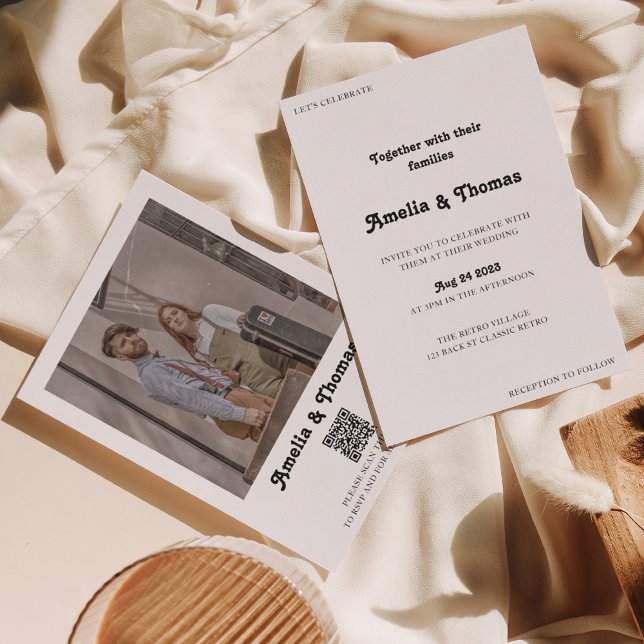 Retro Vibes Classic Photo QR Code Wedding Invitation (Creator Uploaded)
