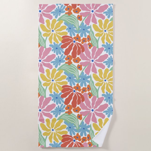 Retro Vibes Colourful Flowers Beach Towel (Front)