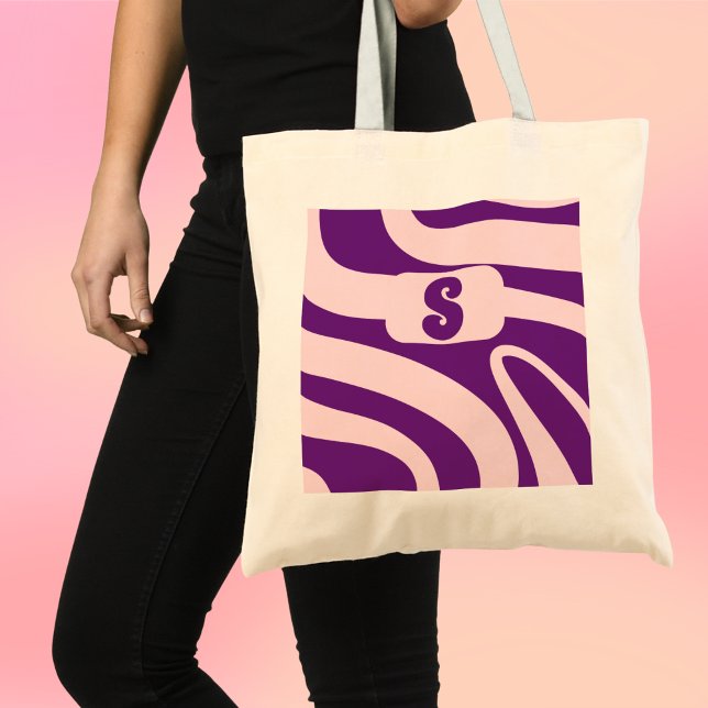 Retro Vibes Essentials Tote Bag (Retro Vibes groovy waves pink and purple budget tote bag.)