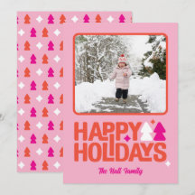 Retro Vibes Pink Orange Holiday Photo Card