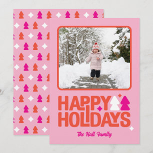 Retro Vibes Pink Orange Holiday Photo Card