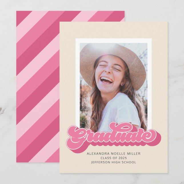 Retro Vibes (Pink) Photo Graduation Announcement (Front/Back)
