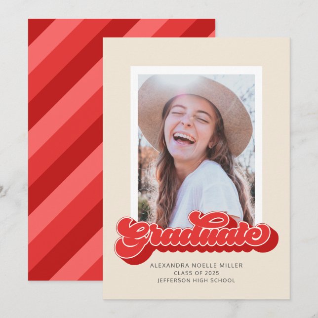 Retro Vibes (Red) Photo Graduation Announcement (Front/Back)