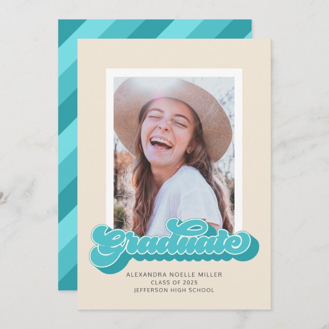 Retro Vibes (Teal) Photo Graduation Announcement (Front/Back)