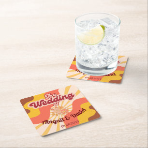 Retro Vibes Vintage Wedding Square Paper Coaster