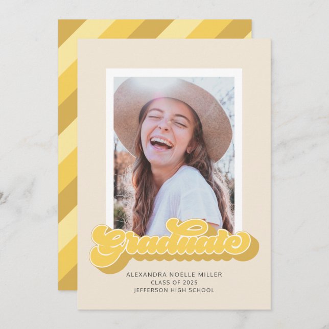 Retro Vibes (Yellow) Photo Graduation Announcement (Front/Back)