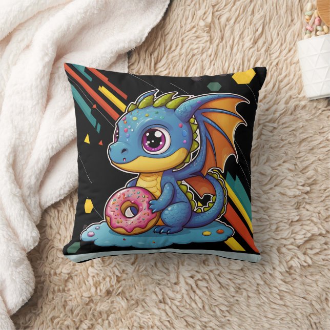 Retro Vibing Cute Dragon Big Print Throw Pillow (Blanket)
