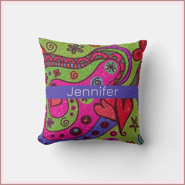 Retro Vibrant Hearts and Flowers Colourful Throw Pillow (Creator Uploaded)