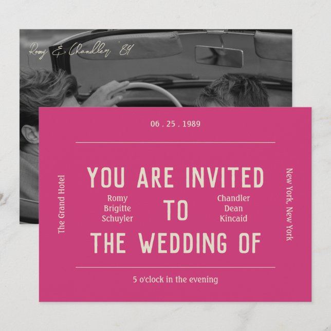 Retro Vibrant Pink and Cream Wedding  Invitation (Front/Back)