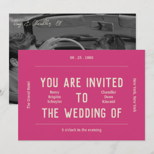 Retro Vibrant Pink and Cream Wedding Invitation
