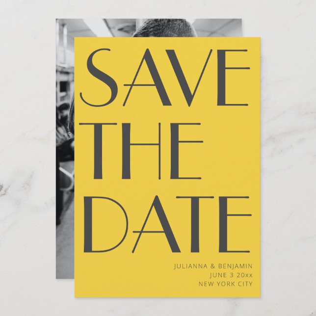 Retro Vibrant Yellow Art Deco Editorial Chic Photo Save The Date (Front/Back)
