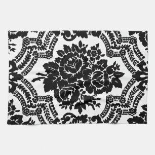 Retro victorian floral print, black and white. kitchen towel