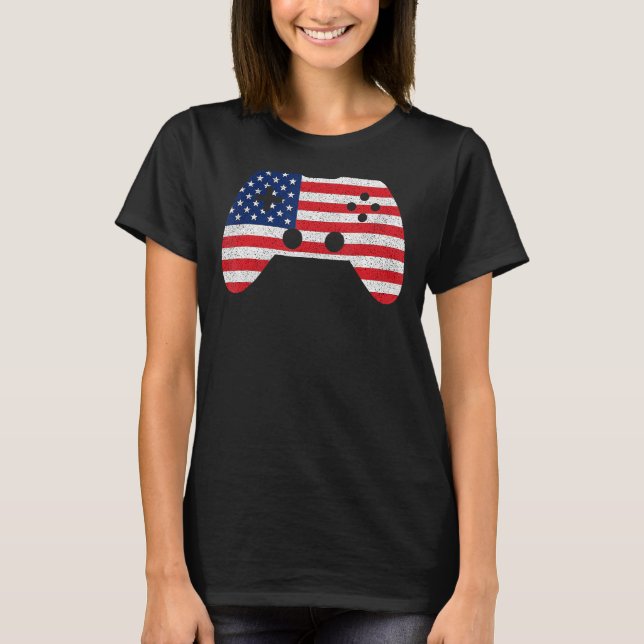 Retro Video Game Controller American Flag 4th Of J T-Shirt (Front)