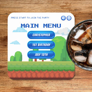 Retro Video Game Menu 1st Birthday Party Square Paper Coaster