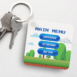 Retro Video Game Menu Photo Birthday Party Keychain
