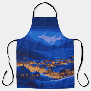 Retro Village Mountain Blue Gold Landscape Apron