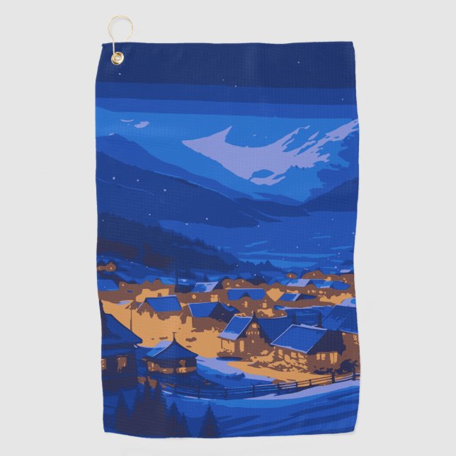 Retro Village Mountain Blue Gold Landscape  Golf Towel (Front)